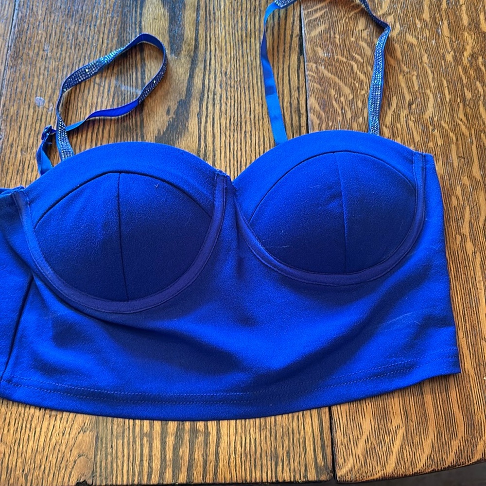 Haute Monde cole  Bolt Blue Bustier Crop Top Size Love you with rhinestone.